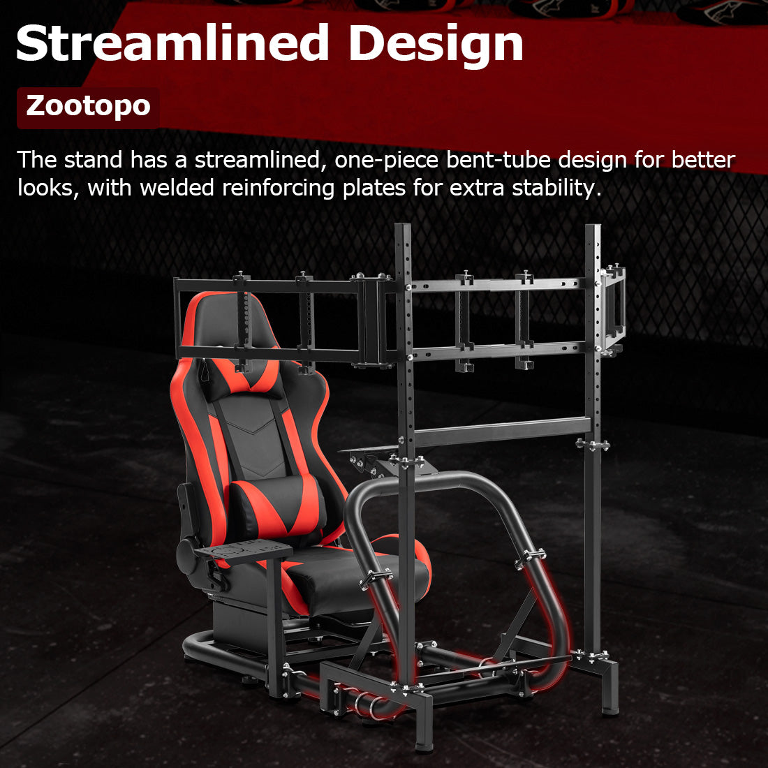 Zootopo Professional Racing Simulator Cockpit Frame with Red Seat&Triple Monitor Stand, Fit for Logitech G920/Thrustmaster/Moza, Shifter Platform Upgrade, No Wheel, Pedals, Handbrake and Monitor