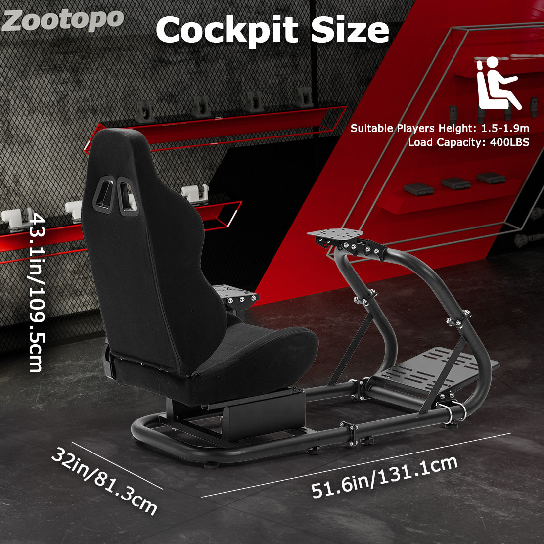 Zootopo Professional Racing Simulator Cockpit with Black Seat, Fit for Logitech G920/Thrustmaster/Moza, Streamlined Dual-arm Design, No Wheel, Pedals, Handbrake, and Monitor Stand