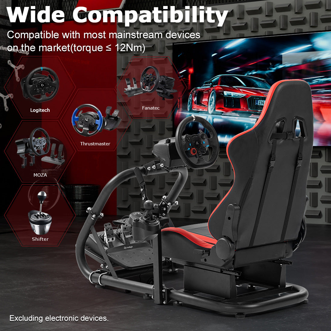 Zootopo Professional Racing Simulator Cockpit Frame with Red Seat, Fit for Logitech G920/Thrustmaster/Moza, Streamlined Dual-arm Design, No Wheel, Pedals, Handbrake and Monitor Stand