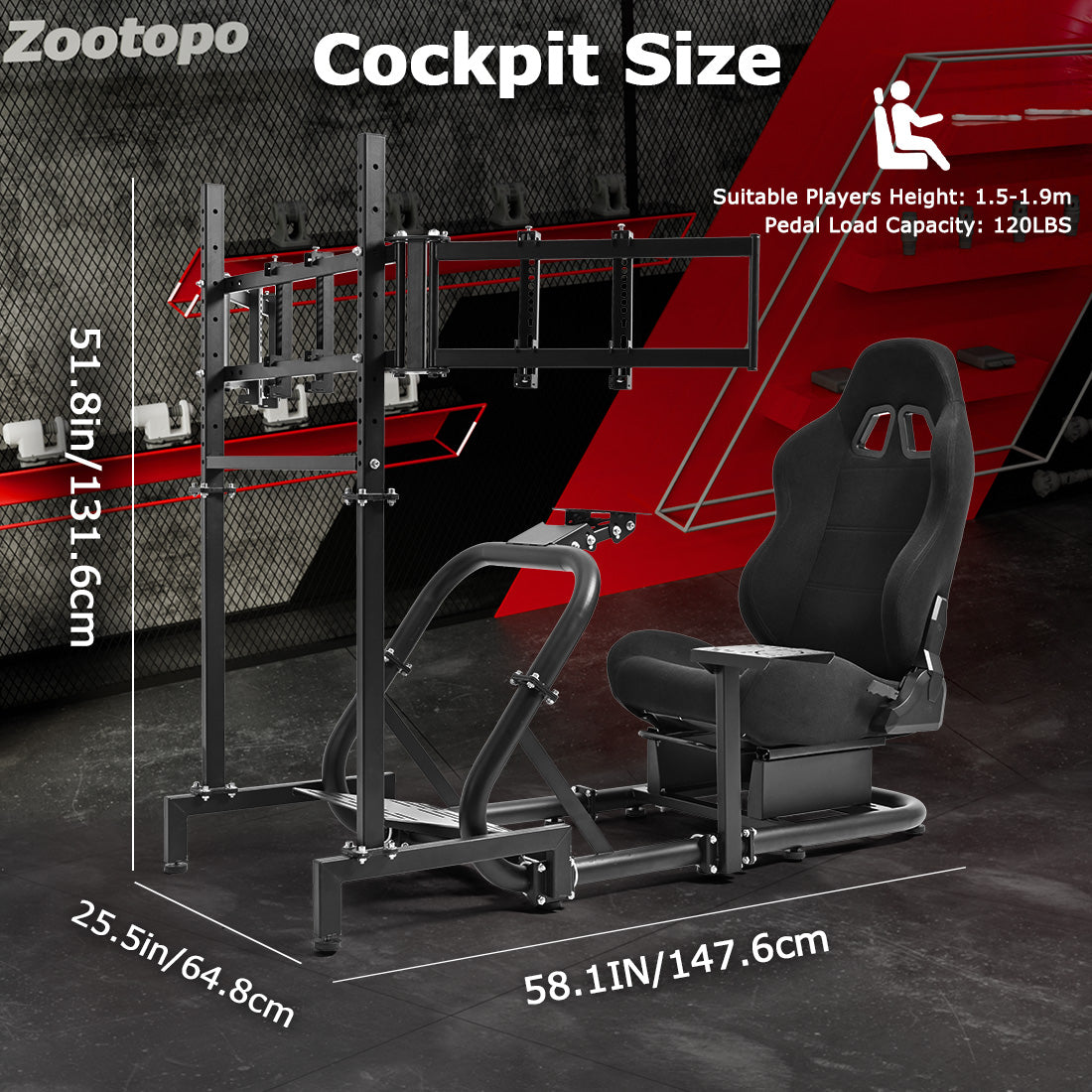Zootopo Professional Racing Simulator Cockpit Frame with Black Seat&Monitor Stand, Fit for Logitech G920/Thrustmaster/Moza, Shifter Platform Upgrade, No Wheel, Pedals, Handbrake and Monitor