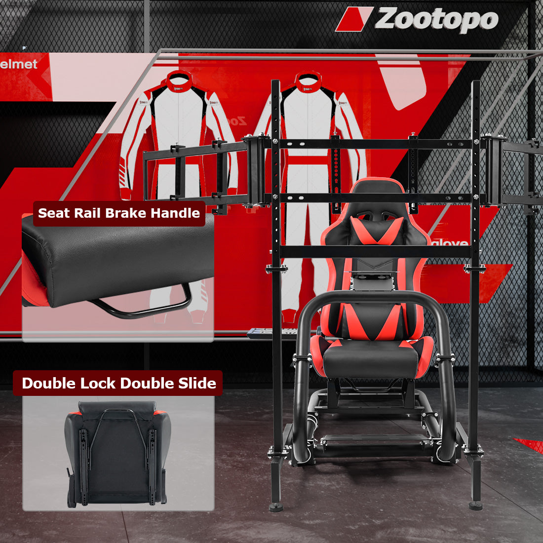 Zootopo Professional Racing Simulator Cockpit Frame with Red Seat&Triple Monitor Stand, Fit for Logitech G920/Thrustmaster/Moza, Shifter Platform Upgrade, No Wheel, Pedals, Handbrake and Monitor