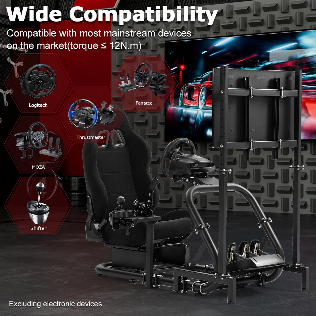 Zootopo Professional Racing Simulator Cockpit with TV Stand&Seat, Fit for Logitech G920/Thrustmaster/Moza, Streamlined Dual-arm Design, No Wheel, Pedals, Handbrake, and Monitor