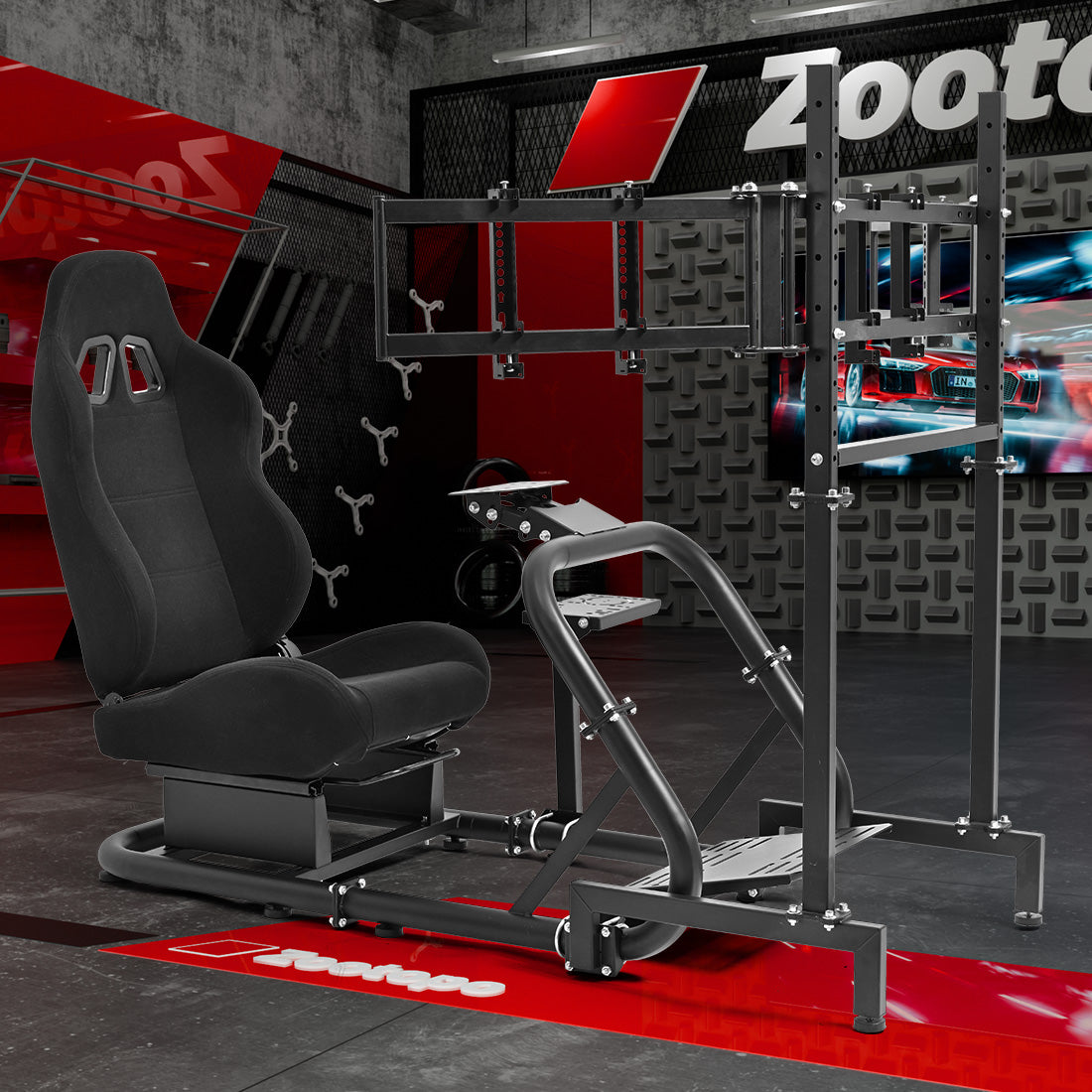 Zootopo Professional Racing Simulator Cockpit Frame with Black Seat&Monitor Stand, Fit for Logitech G920/Thrustmaster/Moza, Shifter Platform Upgrade, No Wheel, Pedals, Handbrake and Monitor