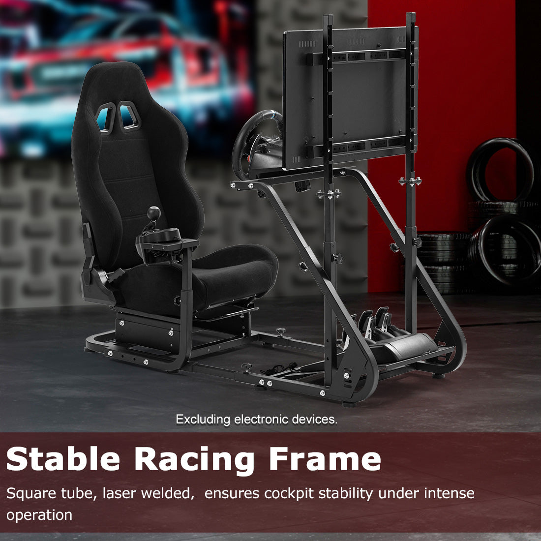 Zootopo Adjustable Sim Racing Cockpit with Black Seat Monitor Frame, Fit for Logitech/Thrustmaster/Fanatec G920 G923 G29 T80, Frame Double Arm Reinforcement, No Steering Wheel,Pedal,Handbra,Display