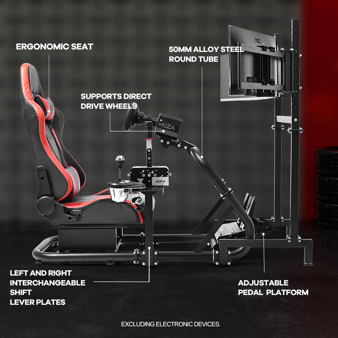Zootopo Professional Racing Simulator Cockpit Frame with Red Seat&Triple Monitor Stand, Fit for Logitech G920/Thrustmaster/Moza, Shifter Platform Upgrade, No Wheel, Pedals, Handbrake and Monitor