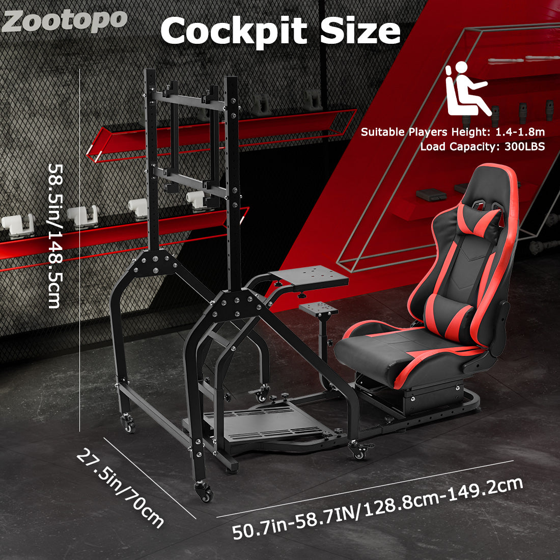 Zootopo Adjustable Racing Sim Cockpit with Red Seat Unobstructed Design for Both Legs Fit for Logitech/Thrustmaster G29 G923 G25 T80 T150 Racing Wheel Cockpit with Monitor Stand Not Include Steering Wheel,Pedals,Handbrake