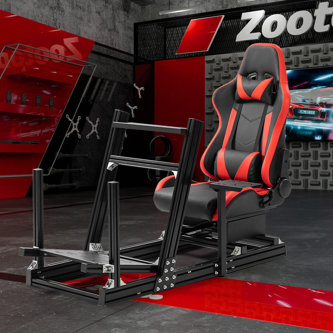 Zootopo 8040 Aluminum Profile Racing Simulaor Cockpit Simulator with Red Seat Fit for Logitech/Thrustmaster/Fanatec/Moza G920,G923 Professional&Expandability,F1 Truck,No Handbrake,Pedals,Steering Wheel