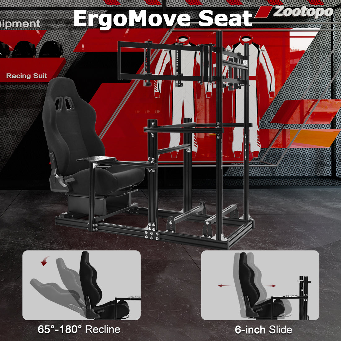 Zootopo 3060 Aluminum Profile Racing Simulator Cockpit with Black Seat and Triple-monitor Setup, Fit for Thrustmaster,for Fanatec,for Logitech G29 , Adjustable Driving Simulator Cockpit, Does Not Include Steering Wheel, Pedals, or Handbrake