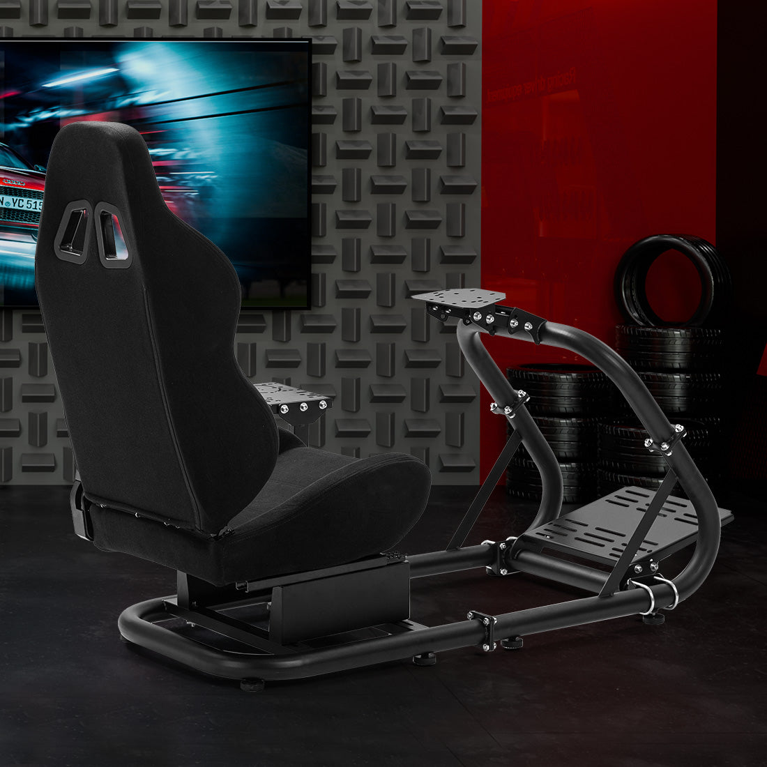 Zootopo Professional Racing Simulator Cockpit with Black Seat, Fit for Logitech G920/Thrustmaster/Moza, Streamlined Dual-arm Design, No Wheel, Pedals, Handbrake, and Monitor Stand