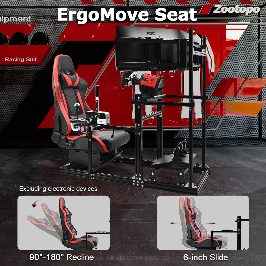 Zootopo 3060 Aluminum Profile Racing Simulator Cockpit with Red Seat and Triple-monitor Setup, Fit for Thrustmaster,for Fanatec,for Logitech G29 , Adjustable Driving Simulator Cockpit, Does Not Include Steering Wheel, Pedals, or Handbrake