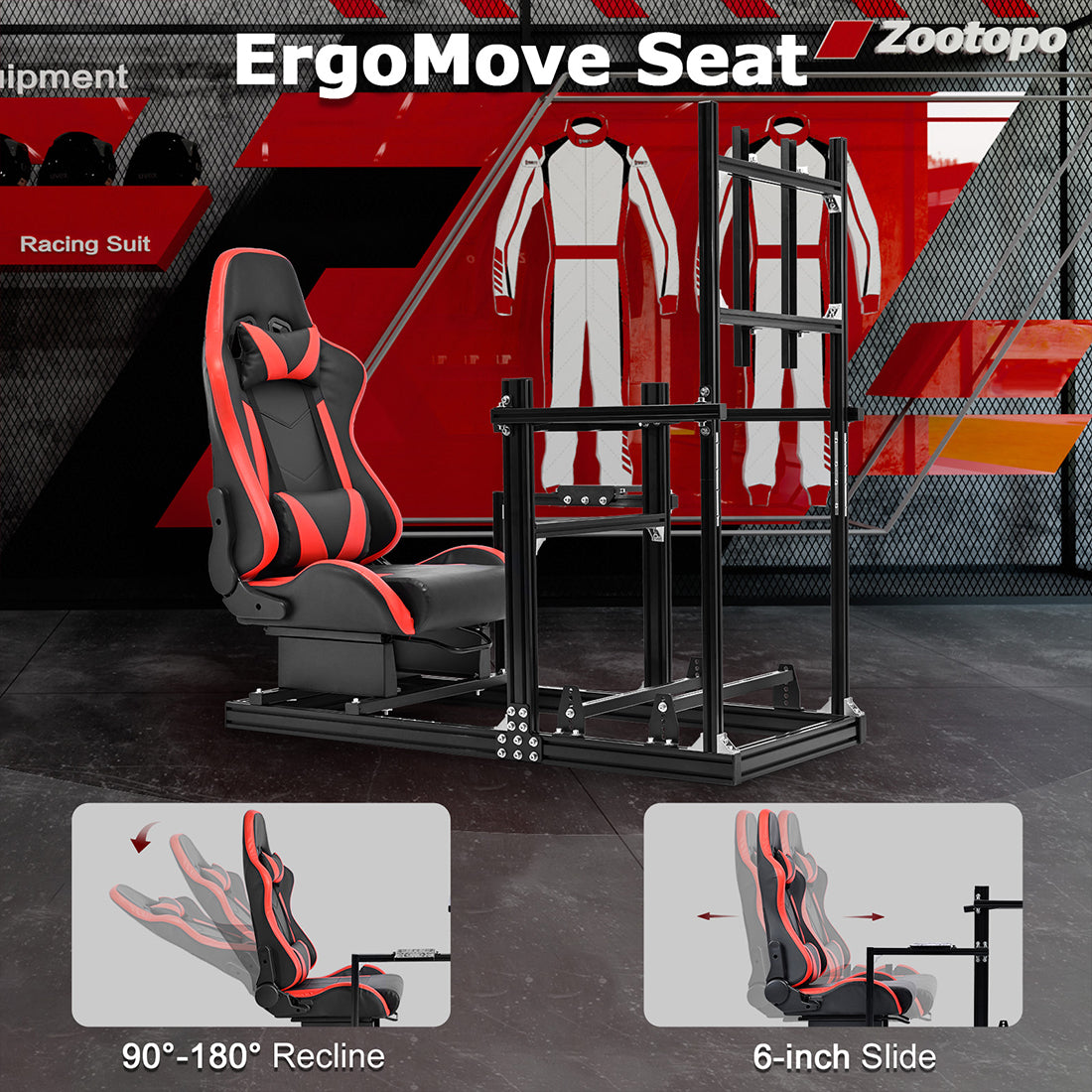 Zootopo Racing Simulator Cockpit with Red Seat and Monitor Mount, crafted from 3060 Aluminum Profile,Fit for Thrustmaster/Fanatec/Logitech G29 GPro, Unlimited Adjustment,Not Include Steering Wheel,Pedals,Handbrake