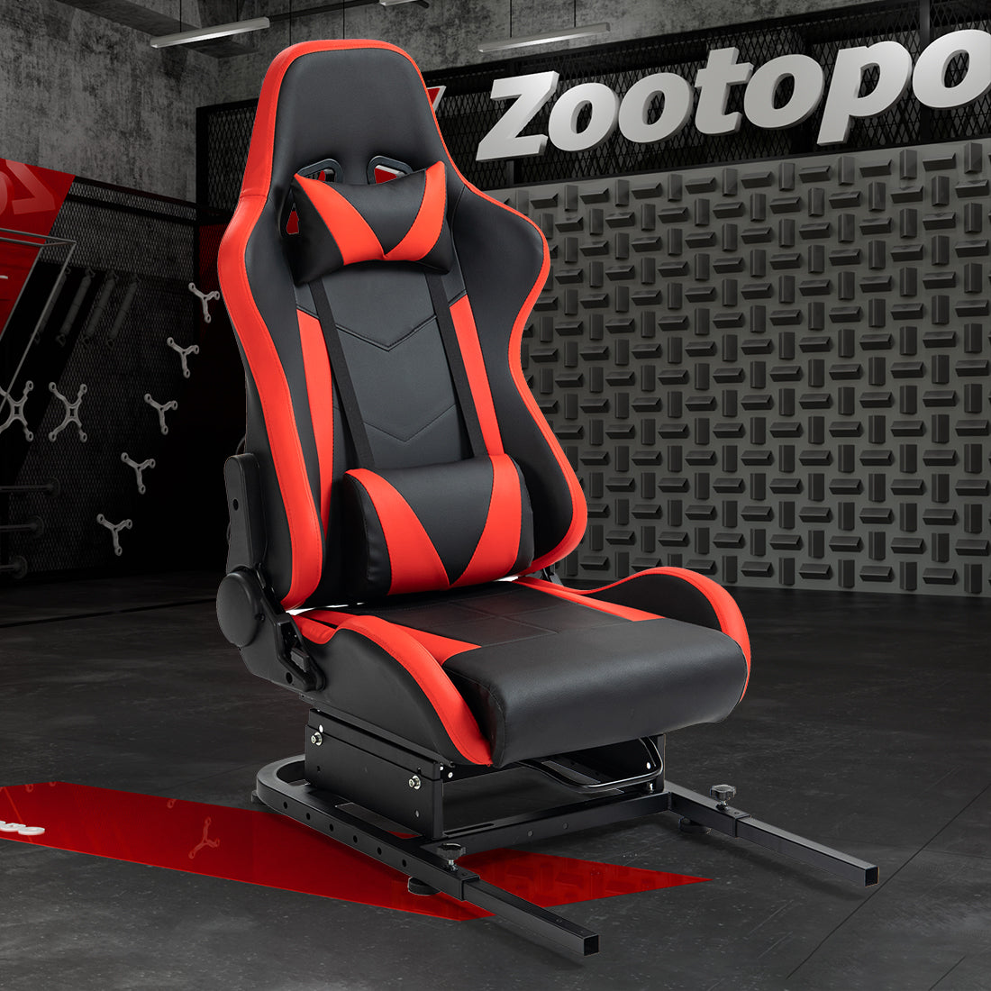 Zootopo Racing Seat Stand, Modern Style, Red and Black, Faux Leather, Ergonomic, Gaming Chair Stand, Racing Game, Adult, Indoor Use