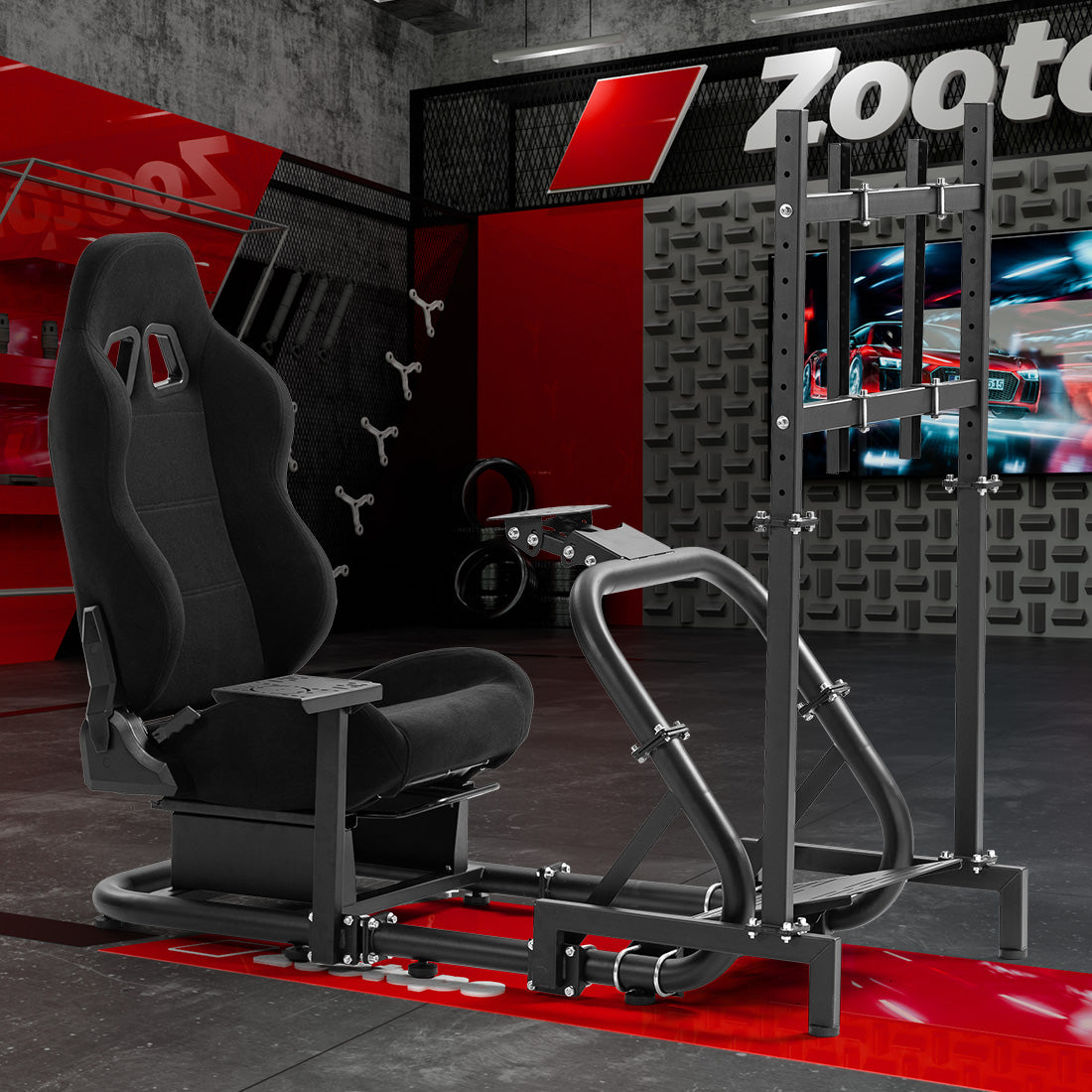 Zootopo Professional Racing Simulator Cockpit with TV Stand&Seat, Fit for Logitech G920/Thrustmaster/Moza, Streamlined Dual-arm Design, No Wheel, Pedals, Handbrake, and Monitor
