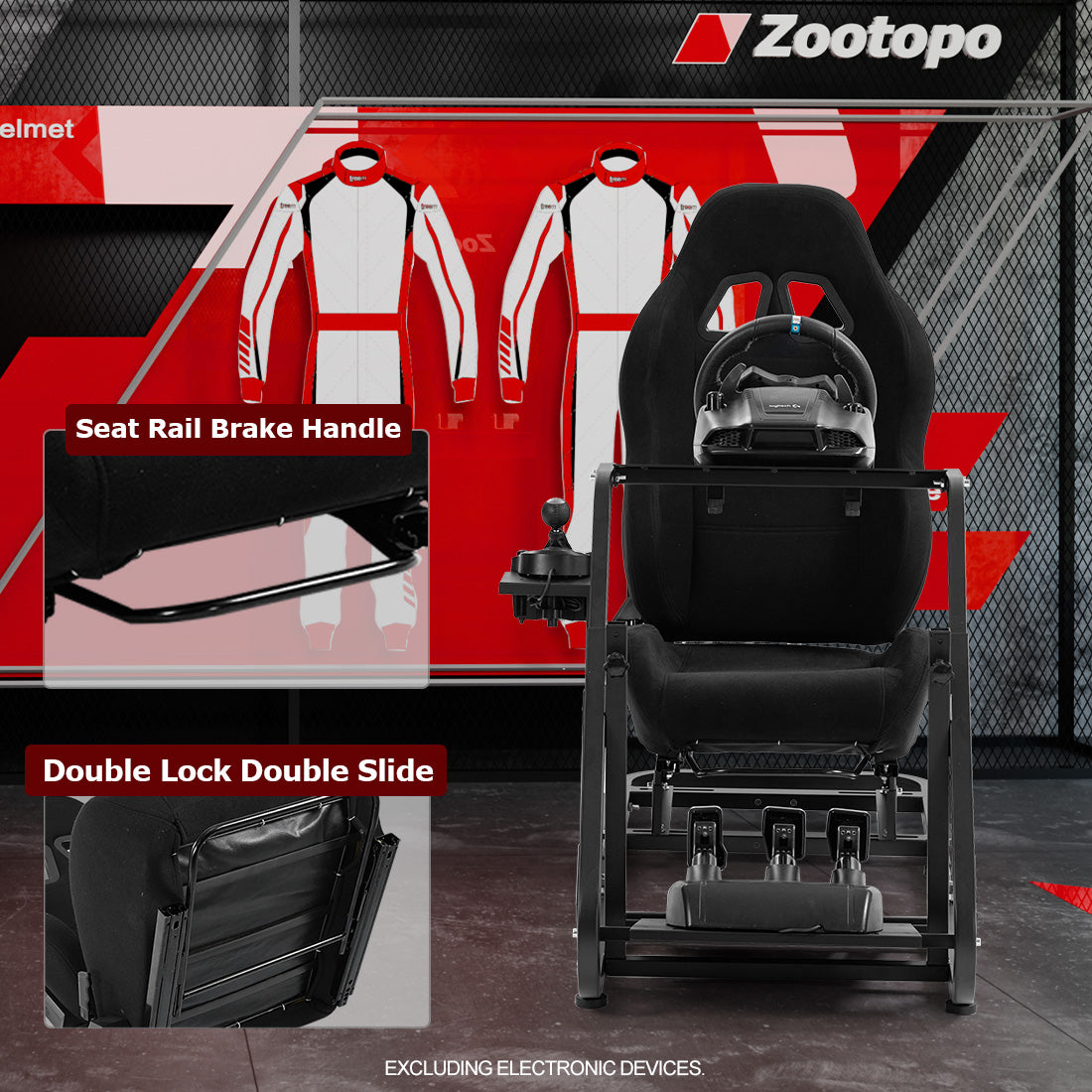 Zootopo Adjustable Sim Racing Cockpit with Black Seat, Fit for Logitech/Thrustmaster/Fanatec G920 G923 G29 Frame, Double Arm Reinforcement, No Steering Wheel, Pedal, Handbrake