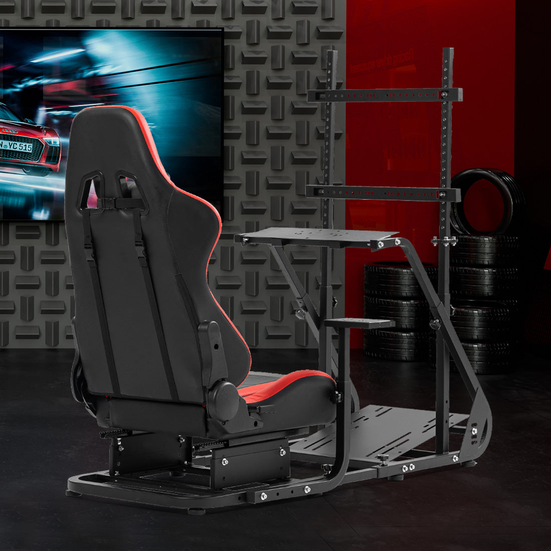 Zootopo Adjustable Sim Racing Cockpit with Red Seat Monitor Frame, Fit for Logitech/Thrustmaster/Fanatec G920 G923 G29 T80, Frame Double Arm Reinforcement, No Steering Wheel,Pedal,Handbra,Display