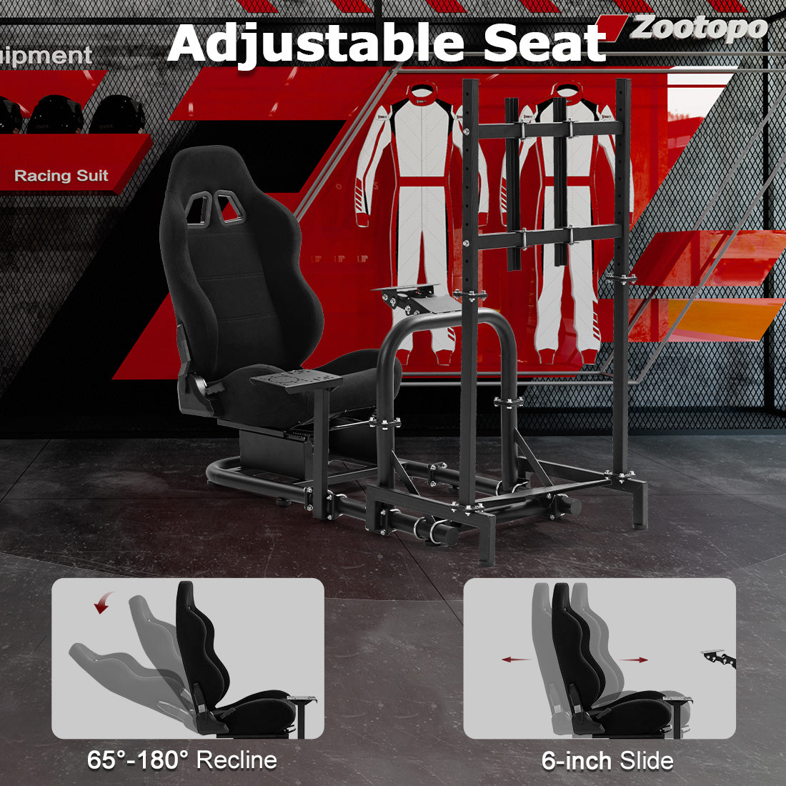 Zootopo Adjustable Racing Cockpit with TV Stand Black Seat Fit for Logitech,Thrustmaster,Fanatec,G920,T500,Wheel Shifter Pedals TV NOT Included