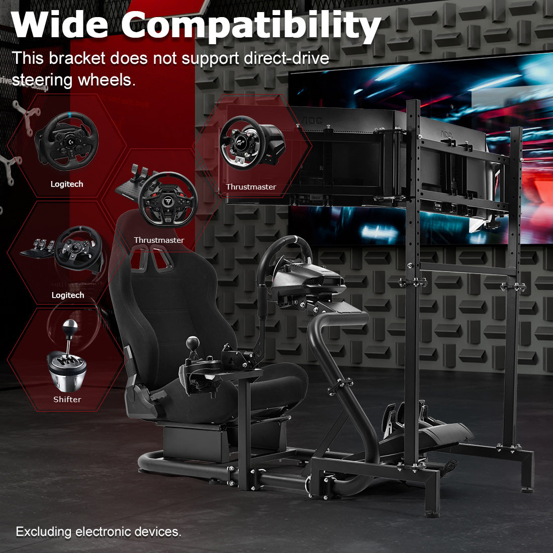 Zootopo Racing Simulator Cockpit With Triple Monitor Stand and Black Seat Suitable for Logitech/Thrustmaster T500RS TX G29 G920 G923 CSL-DD, Without Steering Wheel, Pedals, Handbrake