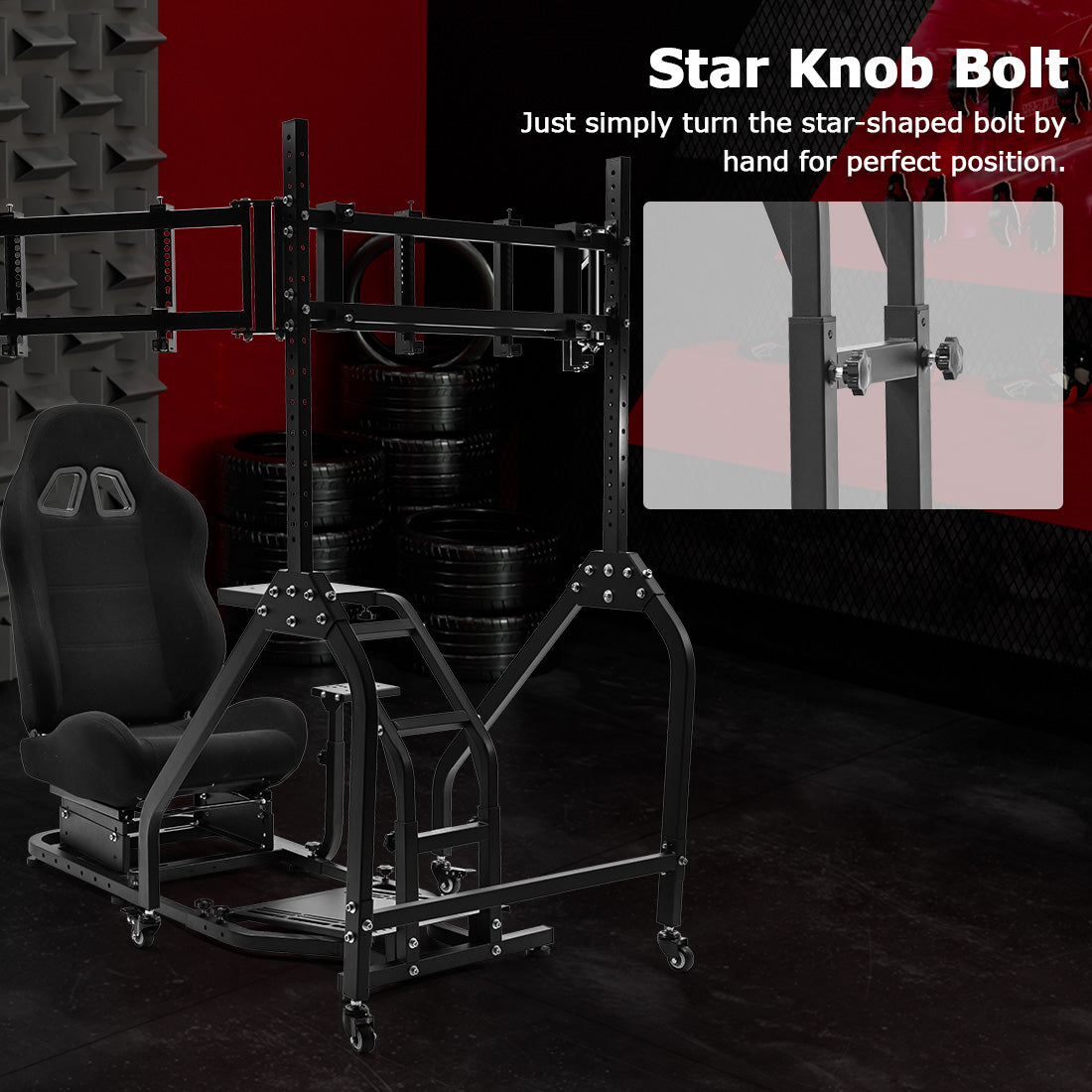 Zootopo Adjustable Racing Sim Cockpit with Black Seat Unobstructed Design for Both Legs Fit for Logitech/Thrustmaster G29 G923 G25 T80 T150 Racing Wheel Cockpit with Triple Monitor Stand Not Include Steering Wheel,Pedals,Handbrake
