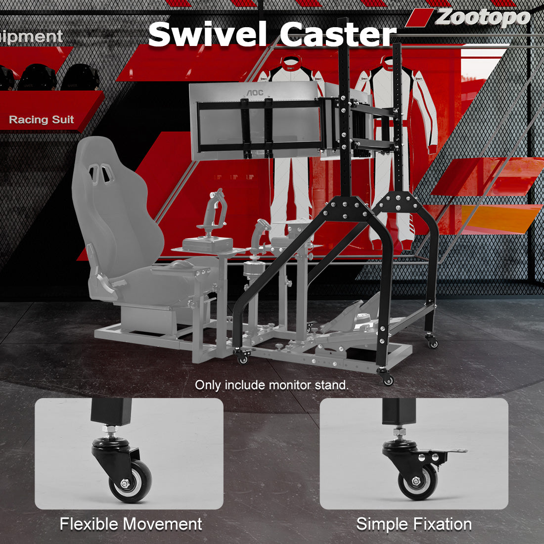 Zootopo Triple Monitor Stand with Locking Casters Premium Adjustable Mount for Racing Simulator,Featuring Full Motion Control for 27-32 inch Monitors,Immersive Viewing Experience