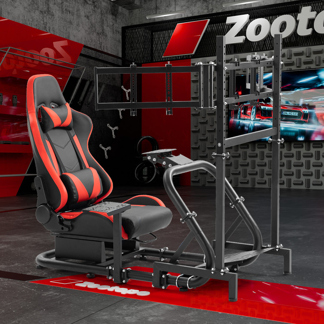 Zootopo Professional Racing Simulator Cockpit Frame with Red Seat&Triple Monitor Stand, Fit for Logitech G920/Thrustmaster/Moza, Shifter Platform Upgrade, No Wheel, Pedals, Handbrake and Monitor