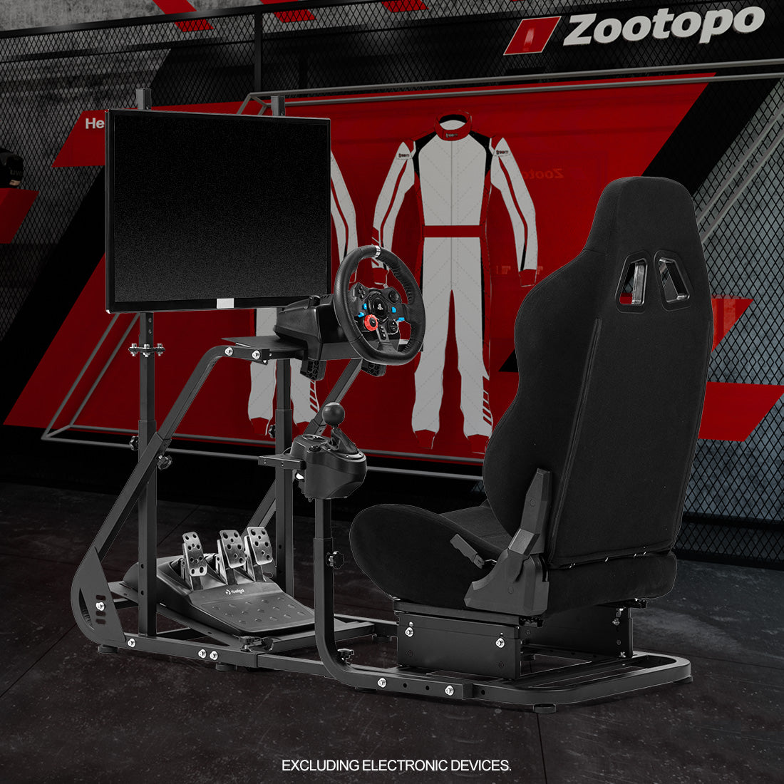 Zootopo Adjustable Sim Racing Cockpit with Black Seat Monitor Frame, Fit for Logitech/Thrustmaster/Fanatec G920 G923 G29 T80, Frame Double Arm Reinforcement, No Steering Wheel,Pedal,Handbra,Display