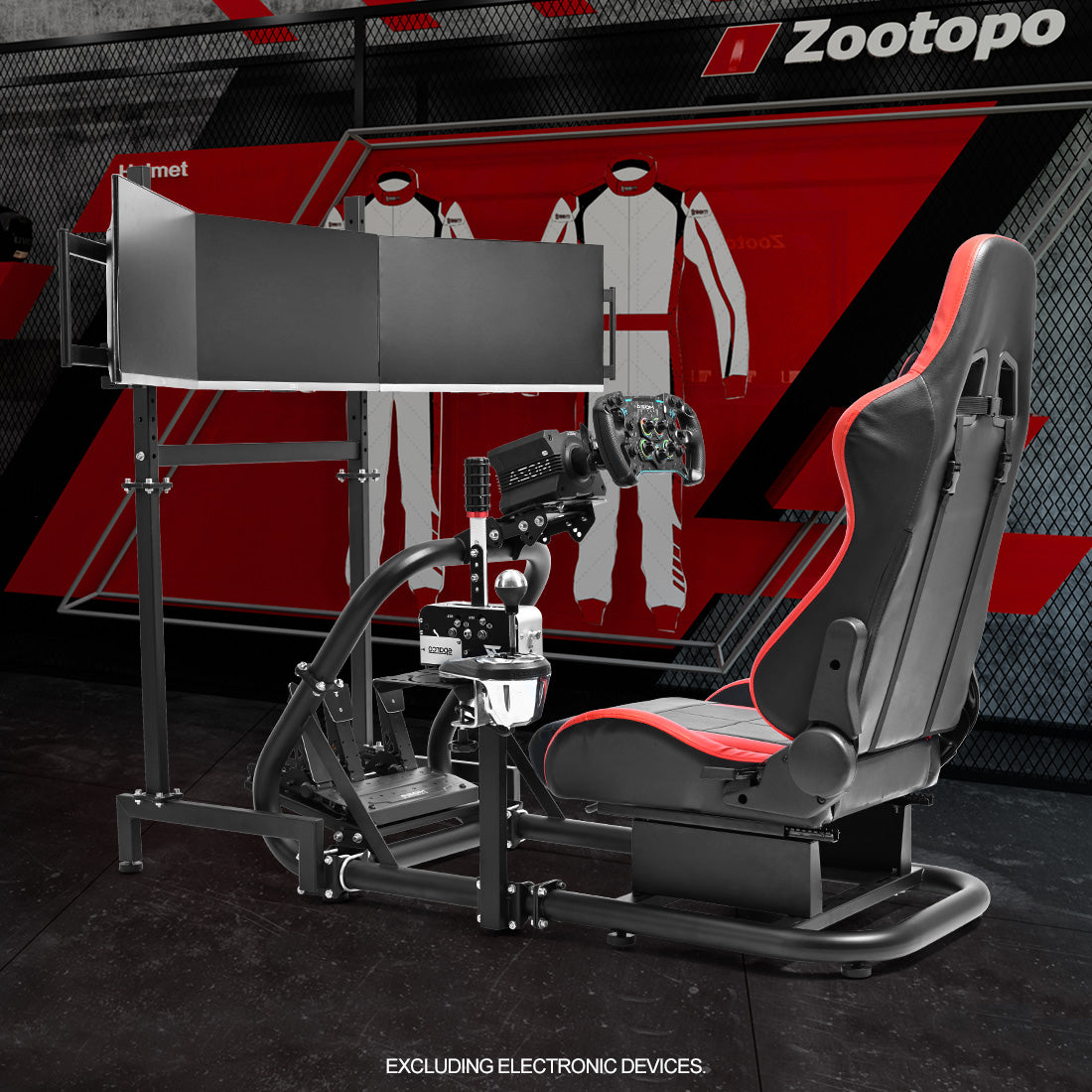 Zootopo Professional Racing Simulator Cockpit Frame with Red Seat&Triple Monitor Stand, Fit for Logitech G920/Thrustmaster/Moza, Shifter Platform Upgrade, No Wheel, Pedals, Handbrake and Monitor