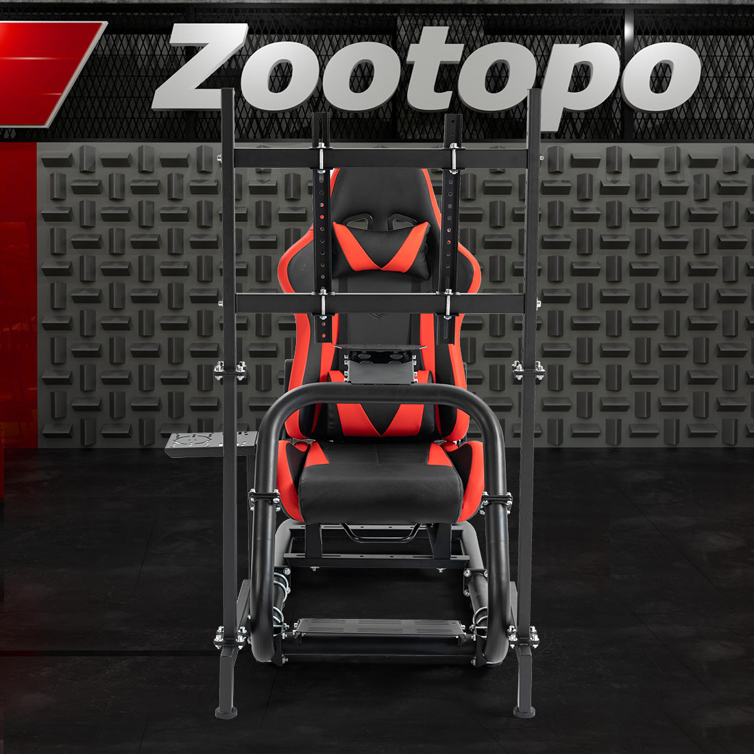 Zootopo Professional Racing Simulator Cockpit Frame with Red Seat&Monitor Stand, Fit for Logitech G920/Thrustmaster/Moza, Streamlined Dual-arm Design, No Wheel, Pedals, Handbrake and Monitor