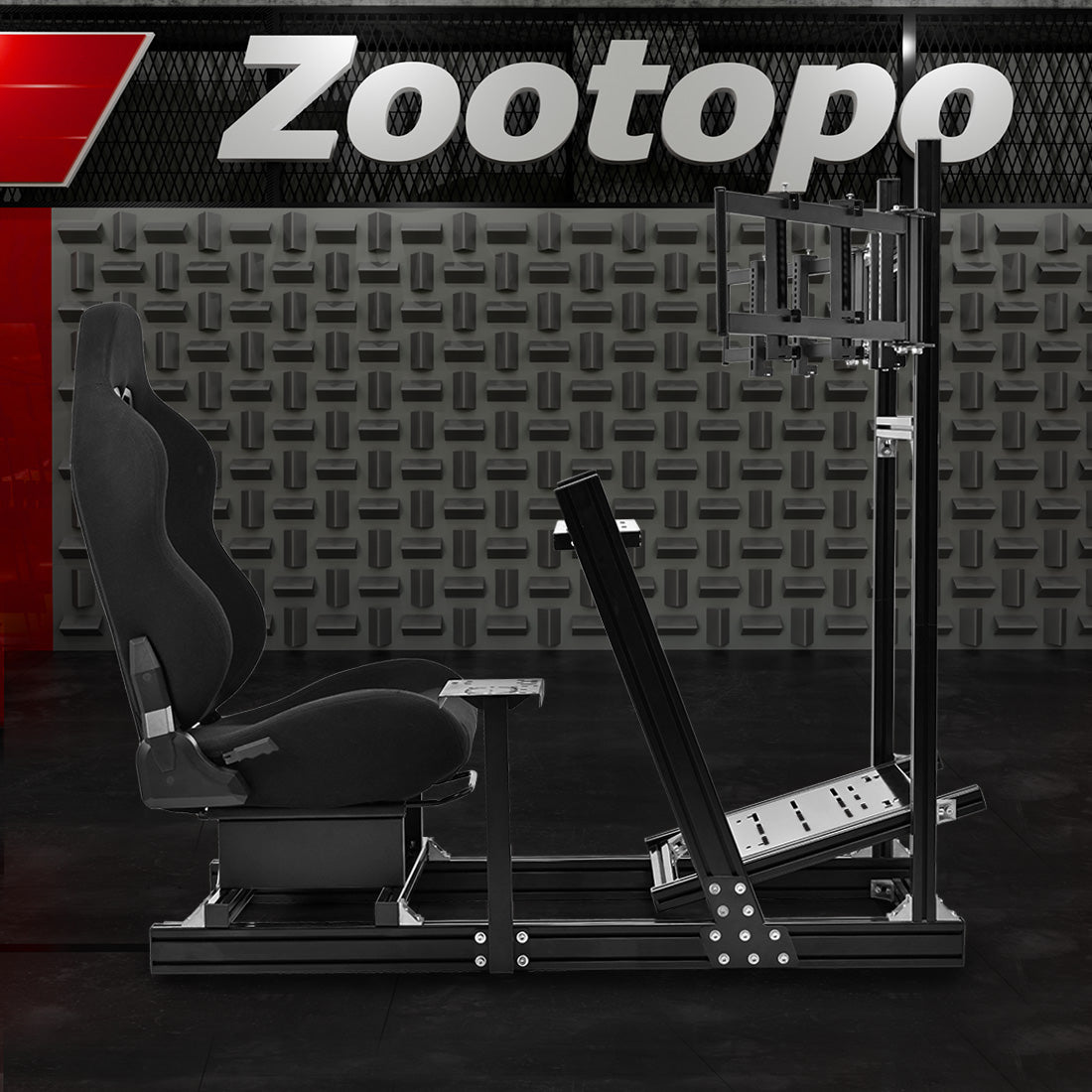 Zootopo 8040 Aluminum Profile Racing Simulator Cockpit with Black Seat & Triple Display Stand Fit for Logitech/Thrustmaster/Fanatec G25 G27 G29 G923 T80,F1 Trunk,No Handbrake,Pedals & Steering Wheel