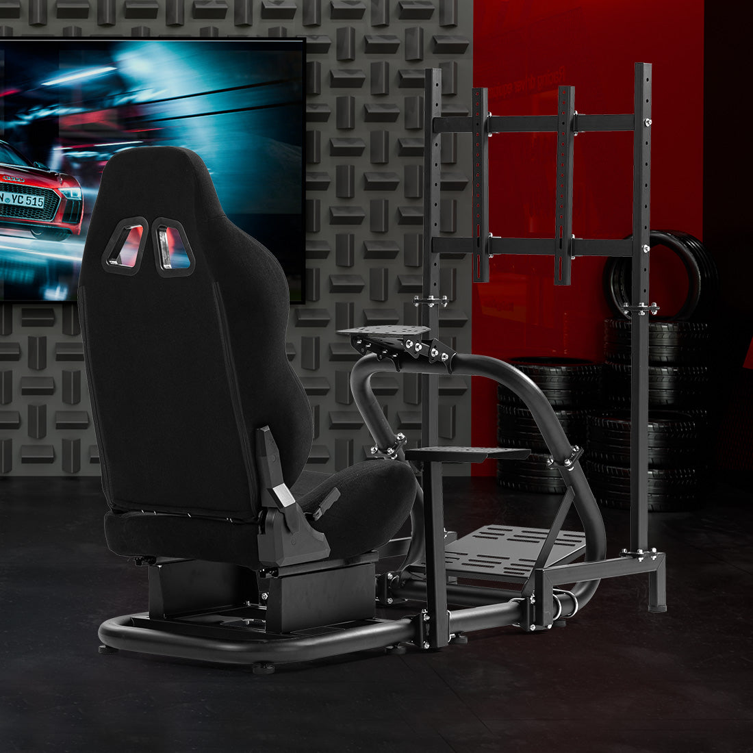 Zootopo Professional Racing Simulator Cockpit with TV Stand&Seat, Fit for Logitech G920/Thrustmaster/Moza, Streamlined Dual-arm Design, No Wheel, Pedals, Handbrake, and Monitor