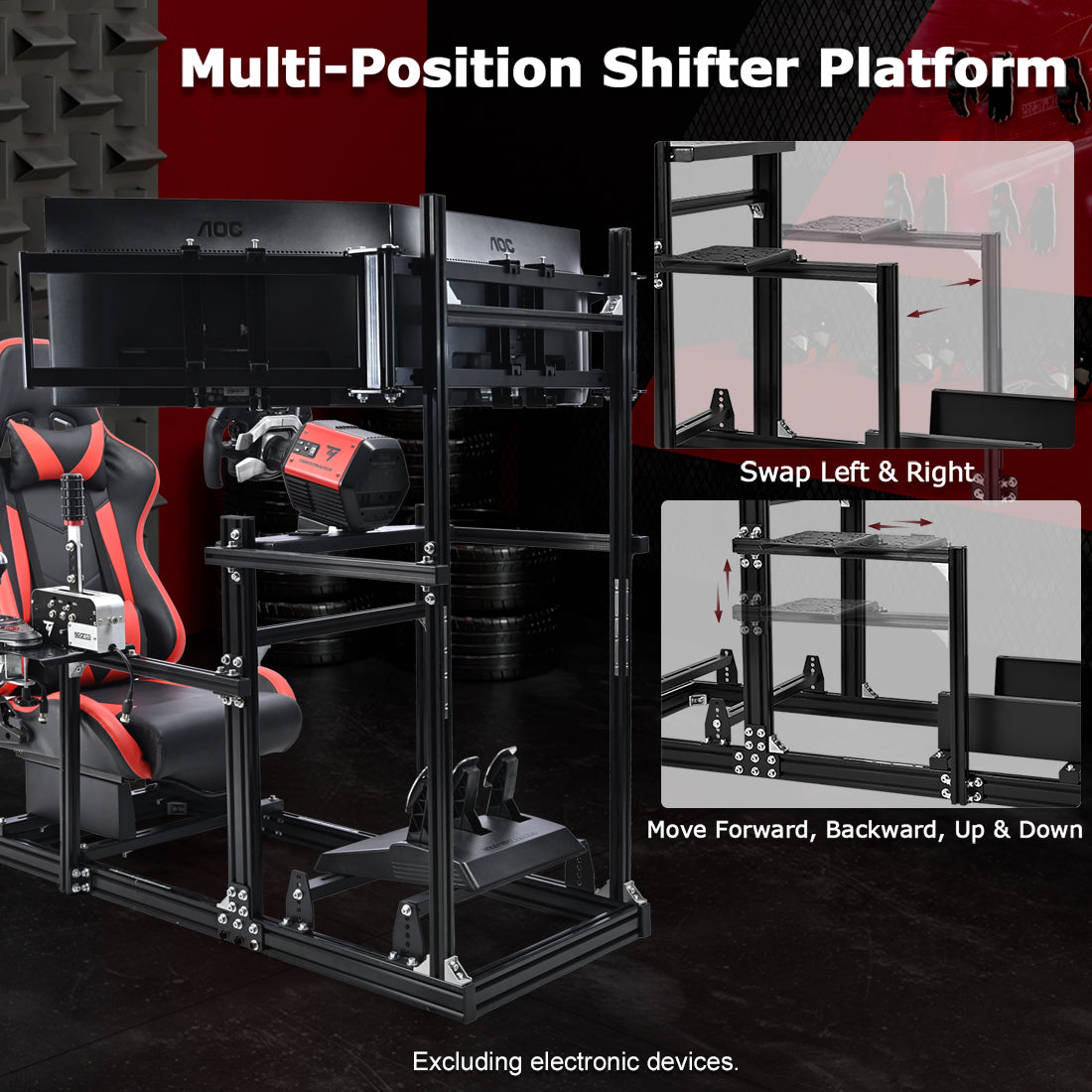 Zootopo 3060 Aluminum Profile Racing Simulator Cockpit with Red Seat and Triple-monitor Setup, Fit for Thrustmaster,for Fanatec,for Logitech G29 , Adjustable Driving Simulator Cockpit, Does Not Include Steering Wheel, Pedals, or Handbrake