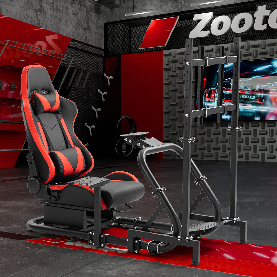 Zootopo Professional Racing Simulator Cockpit Frame with Red Seat&Monitor Stand, Fit for Logitech G920/Thrustmaster/Moza, Streamlined Dual-arm Design, No Wheel, Pedals, Handbrake and Monitor