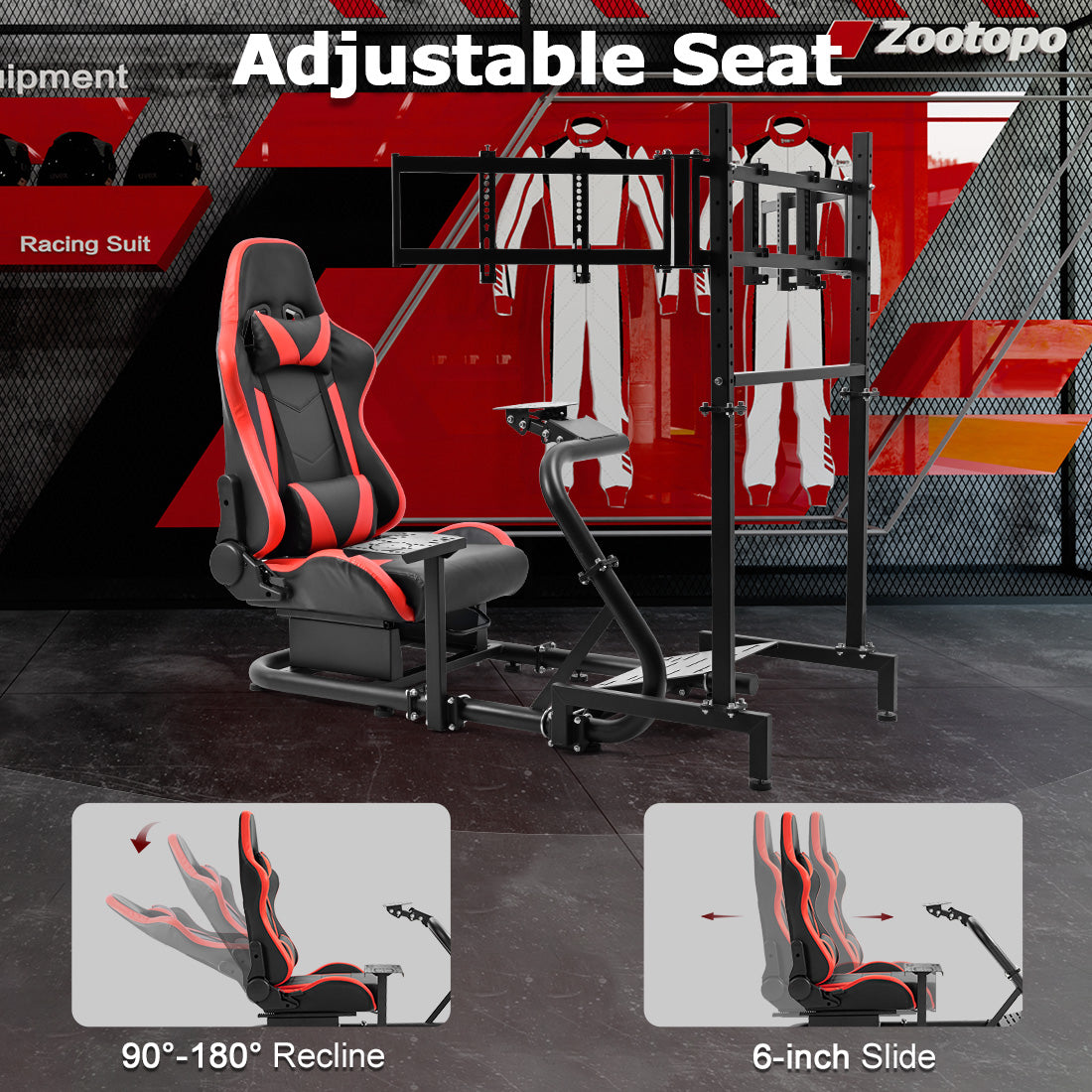 Zootopo Racing Simulator Cockpit with Triple Monitor Stand and Red Seat Suitable for Logitech/Thrustmaster T500RS TX G29 G920 G923 CSL-DD, Without Steering Wheel, Pedals, Handbrake