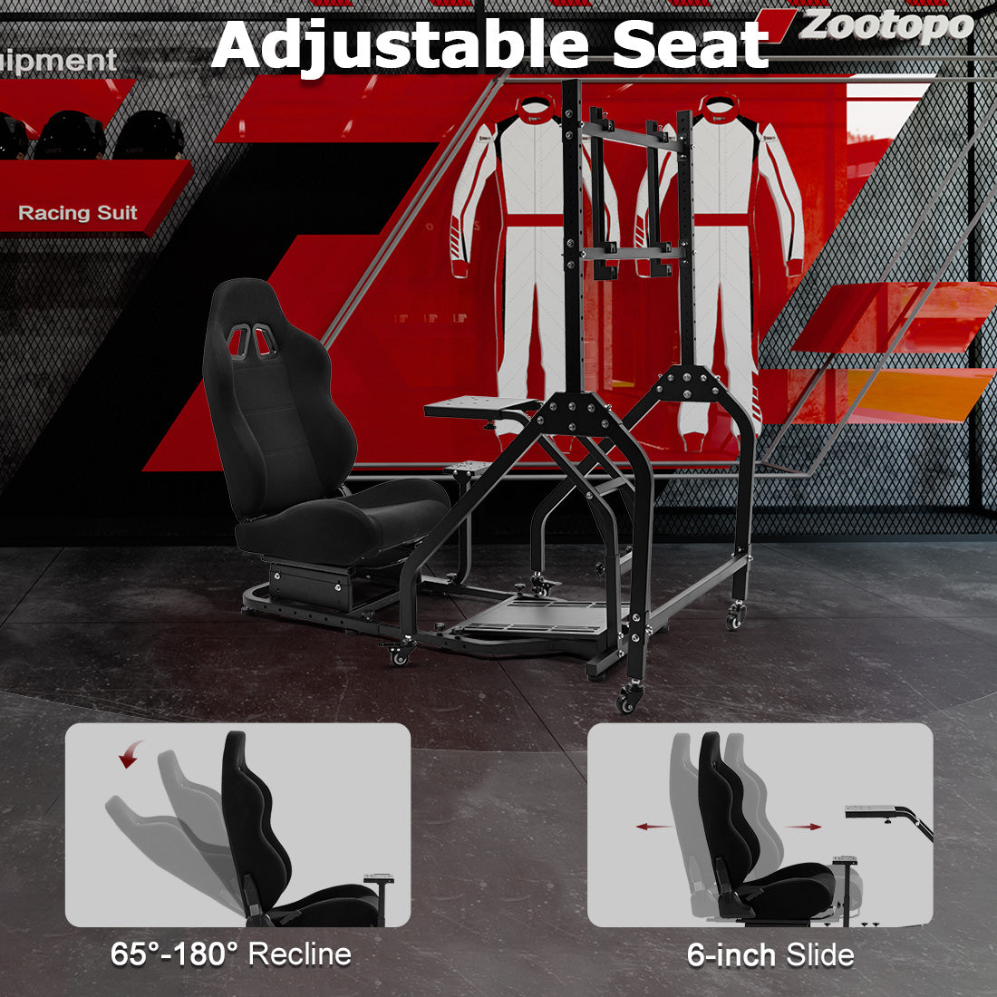 Zootopo Adjustable Racing Sim Cockpit with Black Seat Unobstructed Design for Both Legs Fit for Logitech/Thrustmaster G29 G923 G25 T80 T150 Racing Wheel Cockpit with Monitor Stand Not Include Steering Wheel,Pedals,Handbrake
