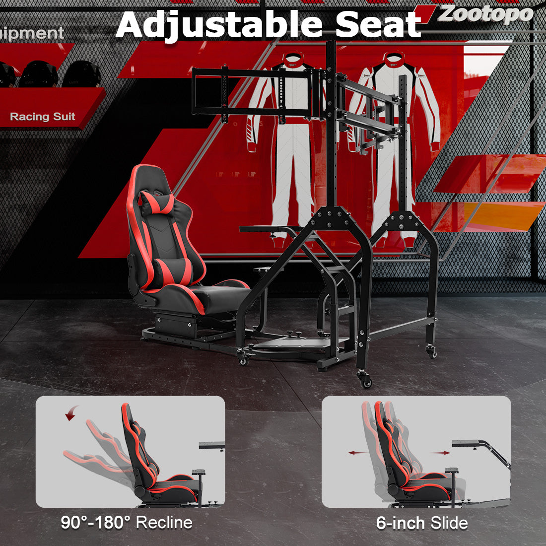 Zootopo Adjustable Racing Sim Cockpit with Red Seat Unobstructed Design for Both Legs Fit for Logitech/Thrustmaster G29 G923 G25 T80 T150 Racing Wheel Cockpit with Triple Monitor Stand Not Include Steering Wheel,Pedals,Handbrake