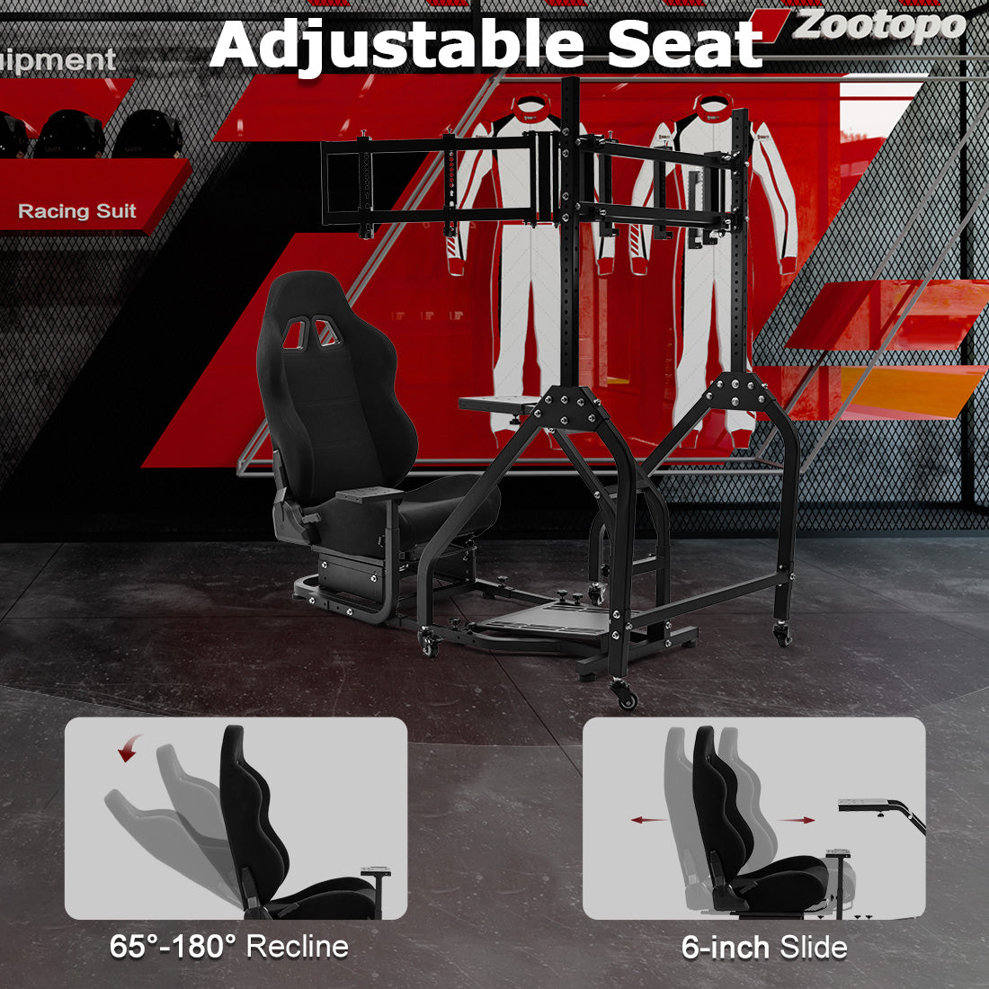 Zootopo Adjustable Racing Sim Cockpit with Black Seat Unobstructed Design for Both Legs Fit for Logitech/Thrustmaster G29 G923 G25 T80 T150 Racing Wheel Cockpit with Triple Monitor Stand Not Include Steering Wheel,Pedals,Handbrake