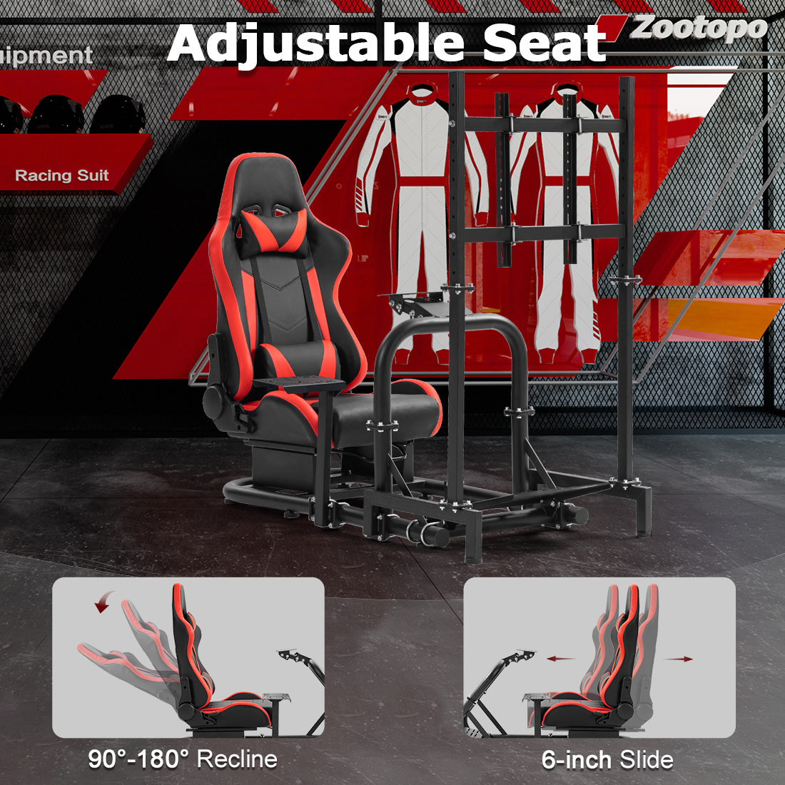 Zootopo Racing Cockpit with TV Stand & Red Seat Fit for Logitech, Thrustmaster,G27,G920,T500,Wheel Shifter Pedals Not Included