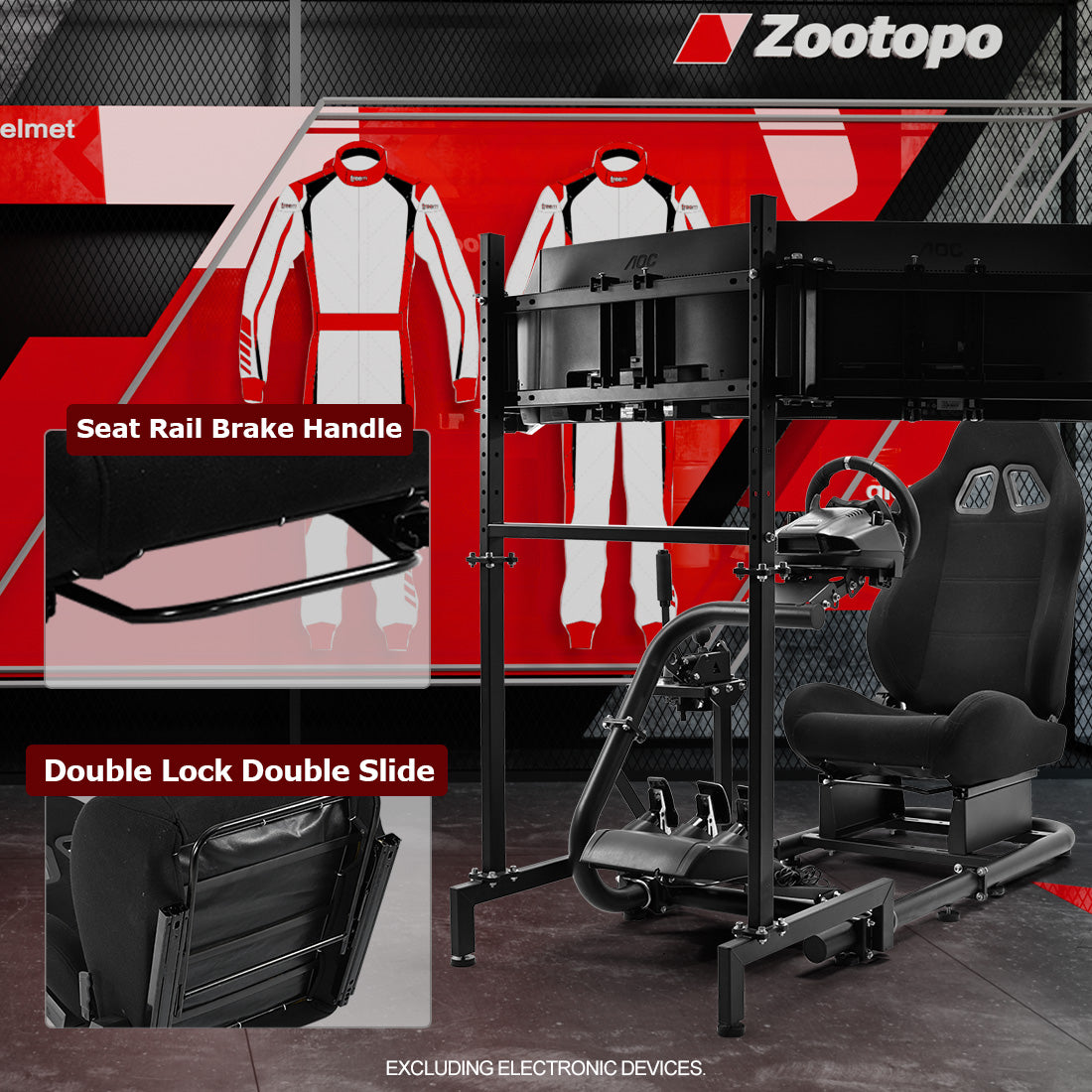 Zootopo Racing Simulator Cockpit With Triple Monitor Stand and Black Seat Suitable for Logitech/Thrustmaster T500RS TX G29 G920 G923 CSL-DD, Without Steering Wheel, Pedals, Handbrake
