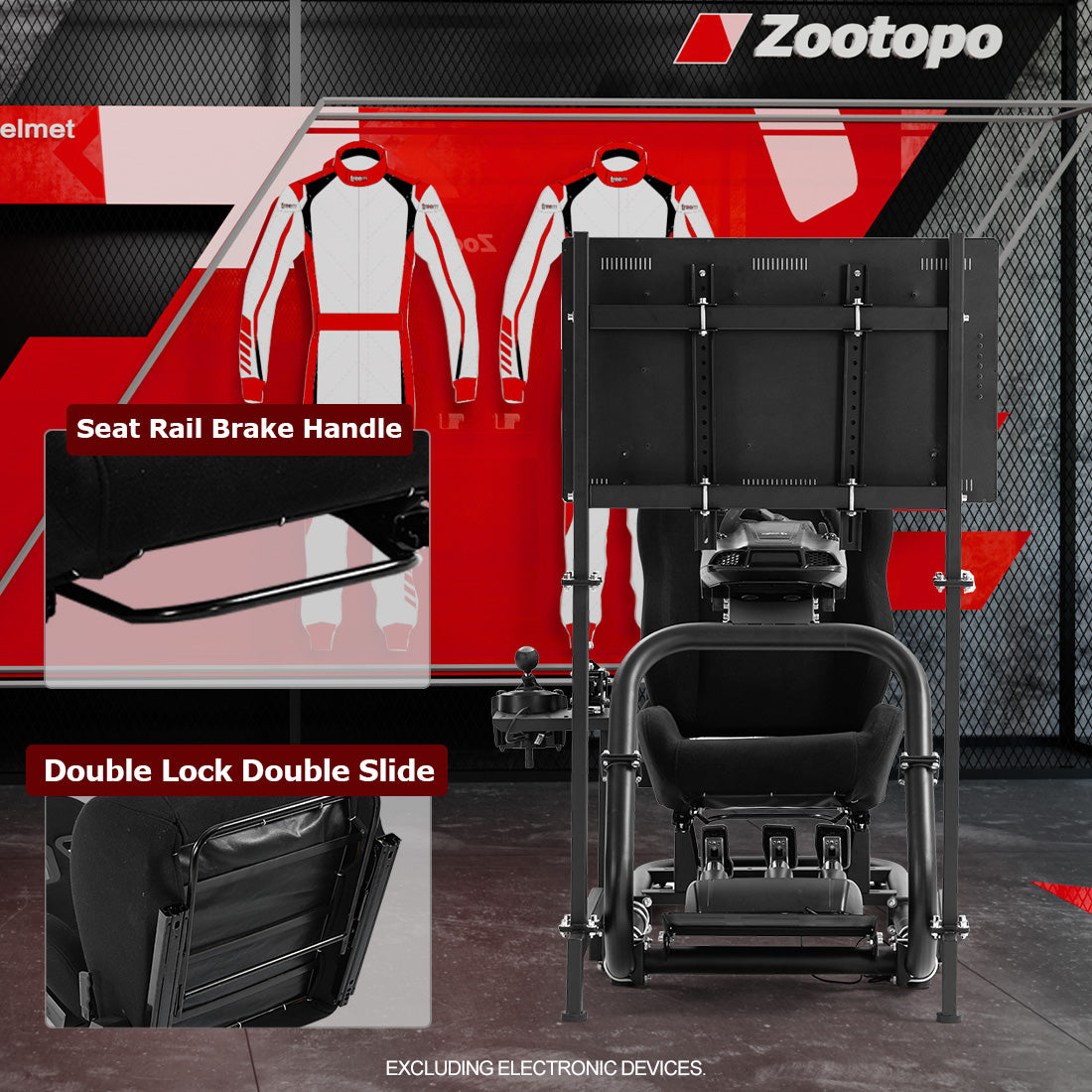 Zootopo Professional Racing Simulator Cockpit with TV Stand&Seat, Fit for Logitech G920/Thrustmaster/Moza, Streamlined Dual-arm Design, No Wheel, Pedals, Handbrake, and Monitor
