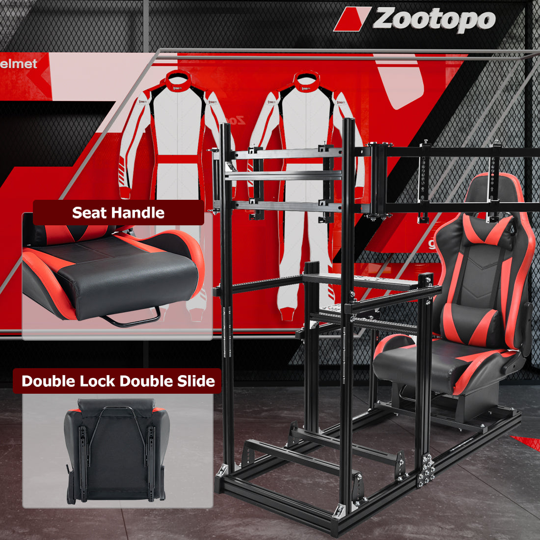 Zootopo 3060 Aluminum Profile Racing Simulator Cockpit with Red Seat and Triple-monitor Setup, Fit for Thrustmaster,for Fanatec,for Logitech G29 , Adjustable Driving Simulator Cockpit, Does Not Include Steering Wheel, Pedals, or Handbrake