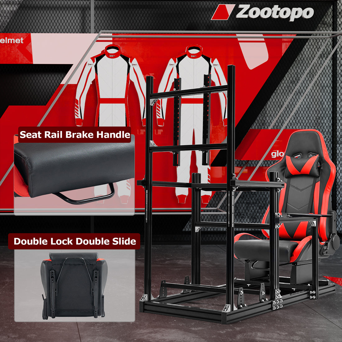 Zootopo Racing Simulator Cockpit with Red Seat and Monitor Mount, crafted from 3060 Aluminum Profile,Fit for Thrustmaster/Fanatec/Logitech G29 GPro, Unlimited Adjustment,Not Include Steering Wheel,Pedals,Handbrake