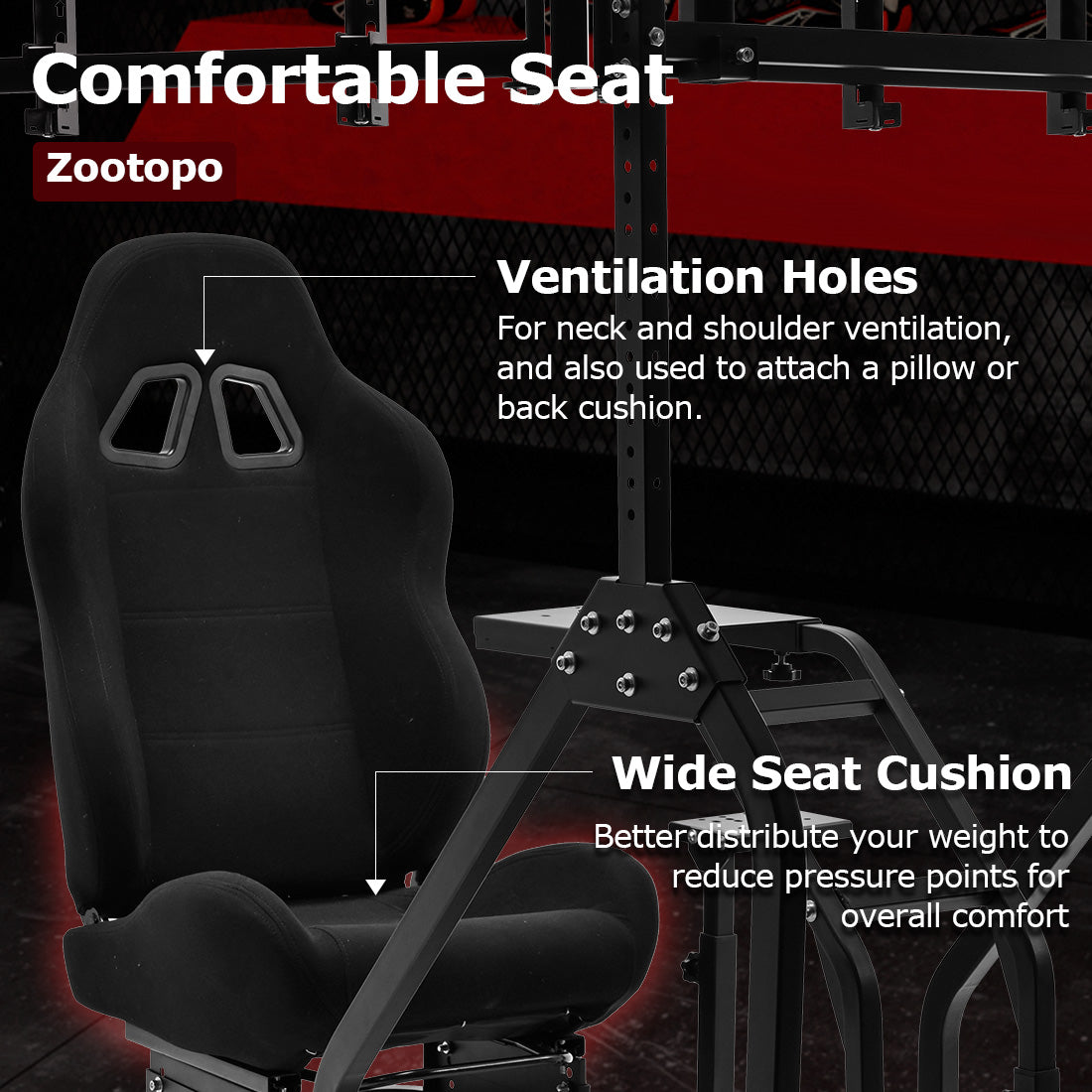 Zootopo Adjustable Racing Sim Cockpit with Black Seat Unobstructed Design for Both Legs Fit for Logitech/Thrustmaster G29 G923 G25 T80 T150 Racing Wheel Cockpit with Triple Monitor Stand Not Include Steering Wheel,Pedals,Handbrake