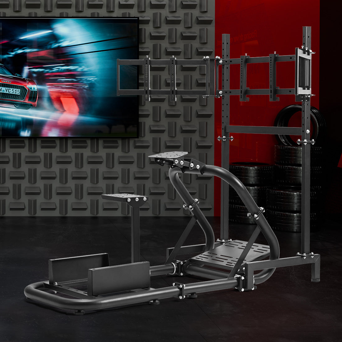 Zootopo Professional Racing Simulator Cockpit with Triple Monitor Stand, Fit for Logitech G920/Thrustmaster/Moza, Streamlined Dual-arm Design, No Wheel, Pedals, Handbrake, Seat and Monitor