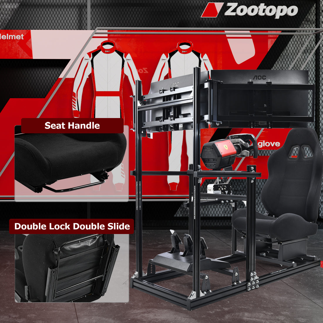 Zootopo 3060 Aluminum Profile Racing Simulator Cockpit with Black Seat and Triple-monitor Setup, Fit for Thrustmaster,for Fanatec,for Logitech G29 , Adjustable Driving Simulator Cockpit, Does Not Include Steering Wheel, Pedals, or Handbrake