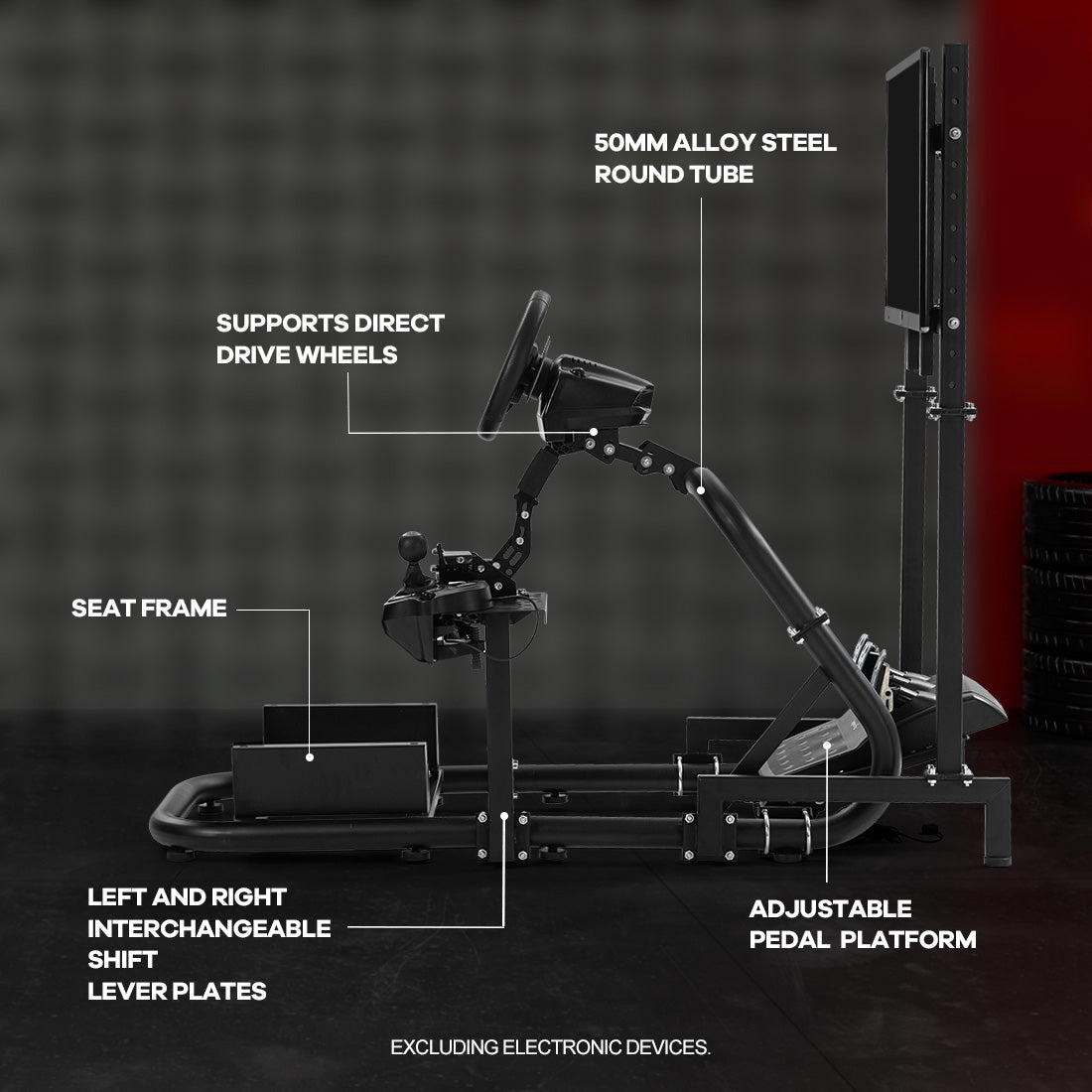 Zootopo Adjustable Racing Simulator Cockpit φ50mm Round Tubing with Monitor Mount, Compatible with Logitech G25/G29/G920/G923 and Thrustmaster T300 Gaming Stands. Does not include steering wheel, handbrake, pedals, and seat.