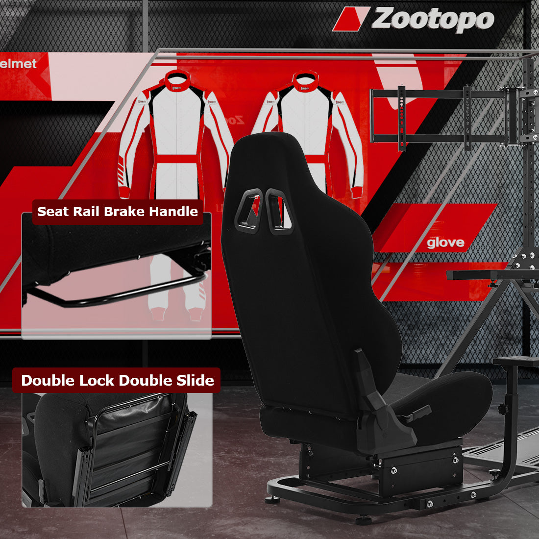 Zootopo Adjustable Racing Sim Cockpit with Black Seat Unobstructed Design for Both Legs Fit for Logitech/Thrustmaster G29 G923 G25 T80 T150 Racing Wheel Cockpit with Triple Monitor Stand Not Include Steering Wheel,Pedals,Handbrake