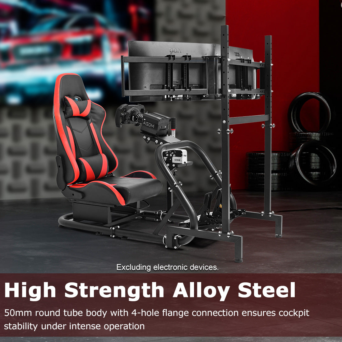 Zootopo Professional Racing Simulator Cockpit Frame with Red Seat&Triple Monitor Stand, Fit for Logitech G920/Thrustmaster/Moza, Shifter Platform Upgrade, No Wheel, Pedals, Handbrake and Monitor