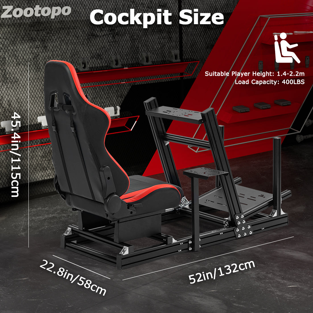 Zootopo 8040 Aluminum Profile Racing Simulaor Cockpit Simulator with Red Seat Fit for Logitech/Thrustmaster/Fanatec/Moza G920,G923 Professional&Expandability,F1 Truck,No Handbrake,Pedals,Steering Wheel