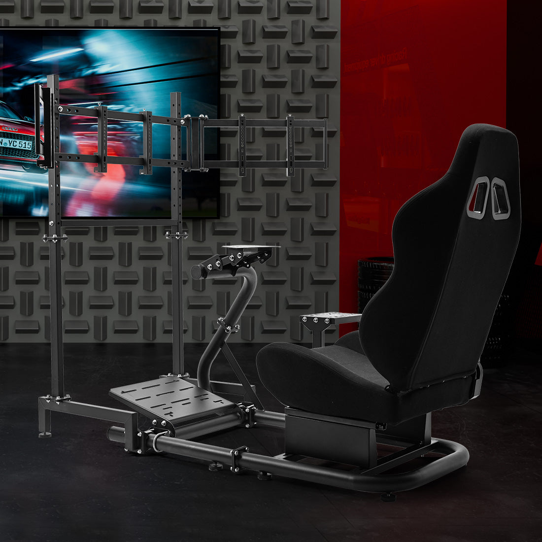 Zootopo Racing Simulator Cockpit With Triple Monitor Stand and Black Seat Suitable for Logitech/Thrustmaster T500RS TX G29 G920 G923 CSL-DD, Without Steering Wheel, Pedals, Handbrake