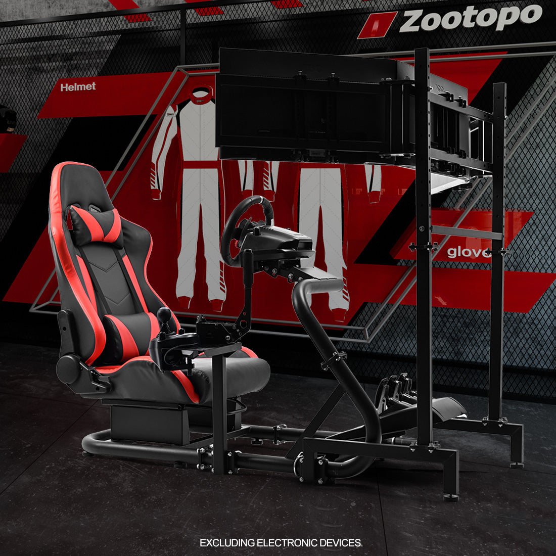 Zootopo Racing Simulator Cockpit with Triple Monitor Stand and Red Seat Suitable for Logitech/Thrustmaster T500RS TX G29 G920 G923 CSL-DD, Without Steering Wheel, Pedals, Handbrake