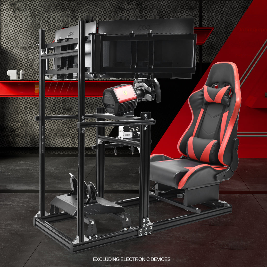 Zootopo 3060 Aluminum Profile Racing Simulator Cockpit with Red Seat and Triple-monitor Setup, Fit for Thrustmaster,for Fanatec,for Logitech G29 , Adjustable Driving Simulator Cockpit, Does Not Include Steering Wheel, Pedals, or Handbrake